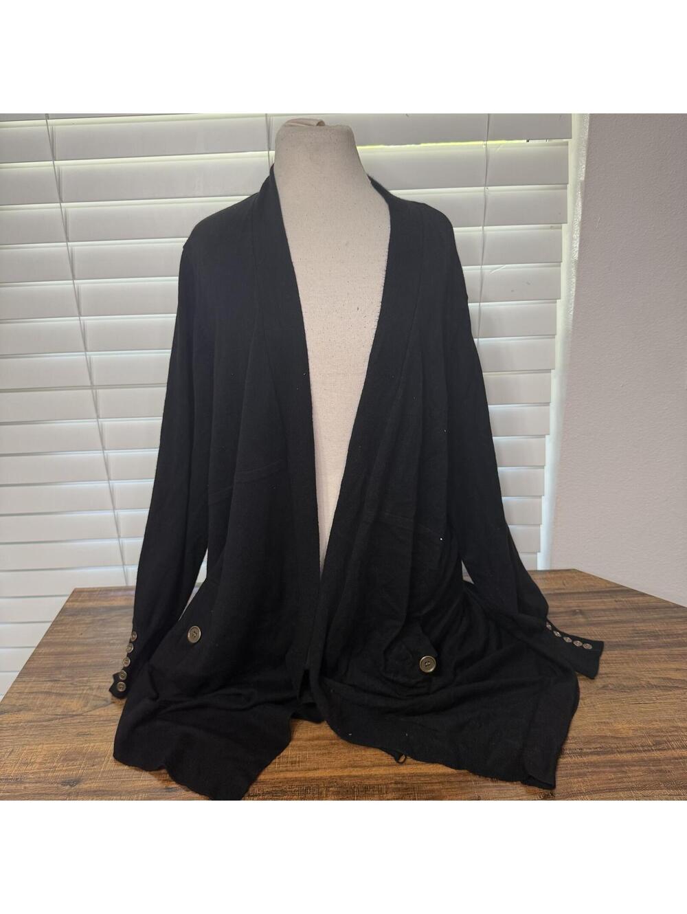 Eleven Eleven Black Open Front Cardigan with Button Detail